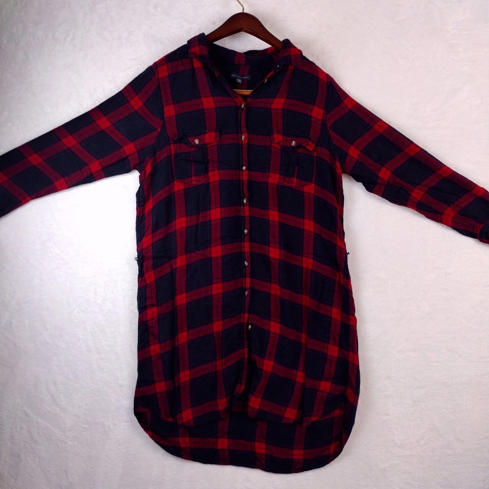 American Eagle Outfitters Mens XL Red Navy Plaid Flannel Longline Shirt Viscose